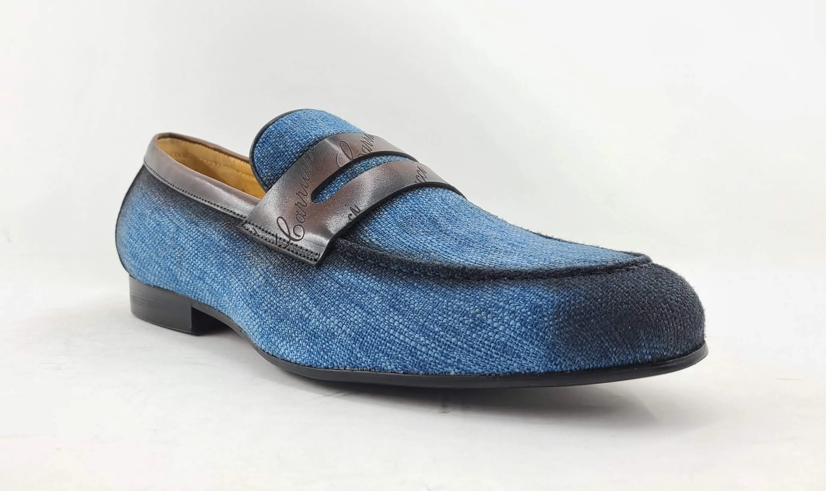 Woven Canvas & Calfskin Slip-On Loafer Blue/Brown