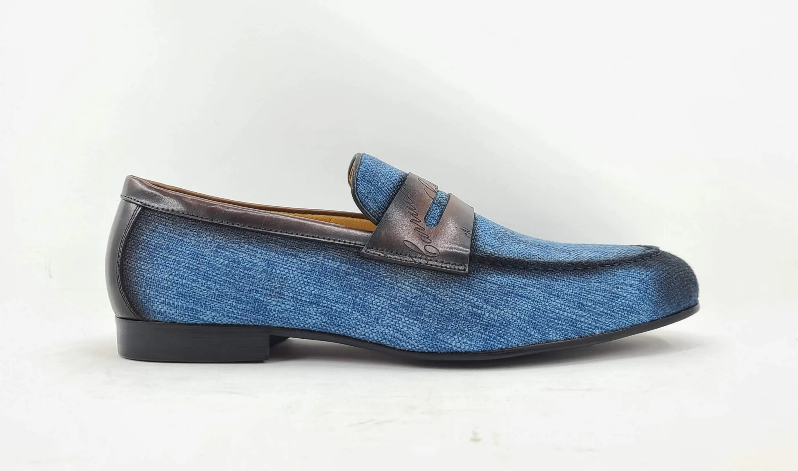 Woven Canvas & Calfskin Slip-On Loafer Blue/Brown