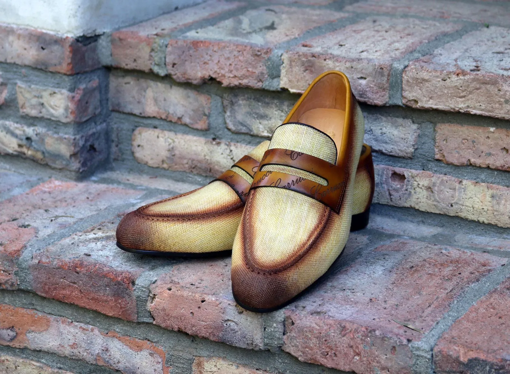 Woven Canvas & Calfskin Slip-On Loafer Yellow/Brown