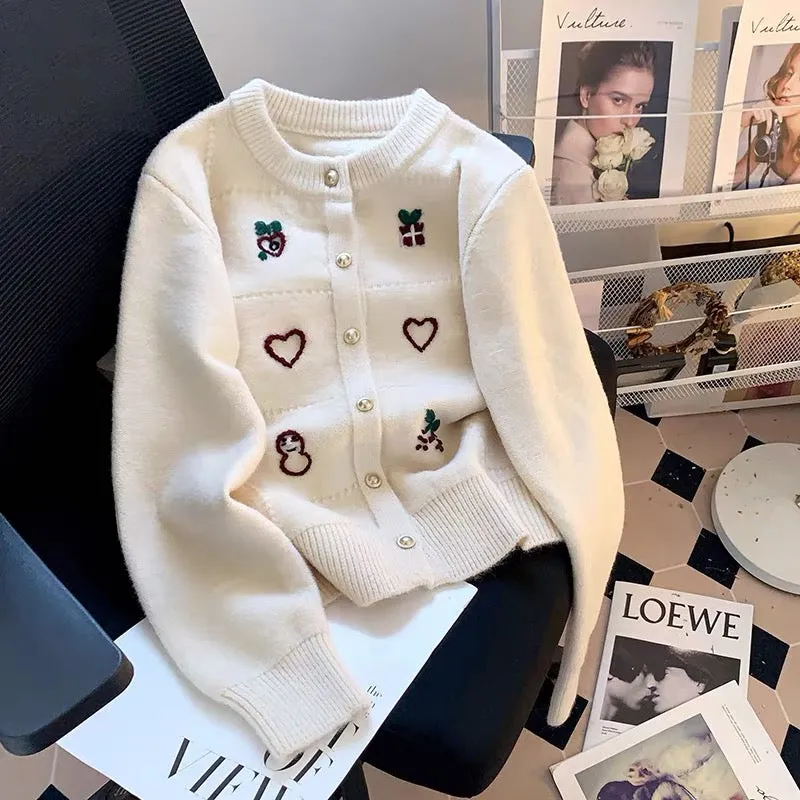 Xiaoxiangfeng Korean embroidered round neck single-breasted cardigan sweater for women spring and autumn 2024 new soft waxy swea