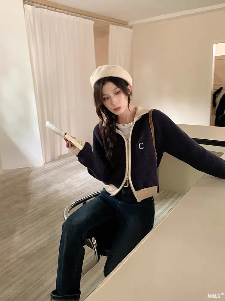 Yang Paopao is very Korean and has a sense of atmosphere ~ chest C contrast collar sweater jacket for women autumn new knitted c