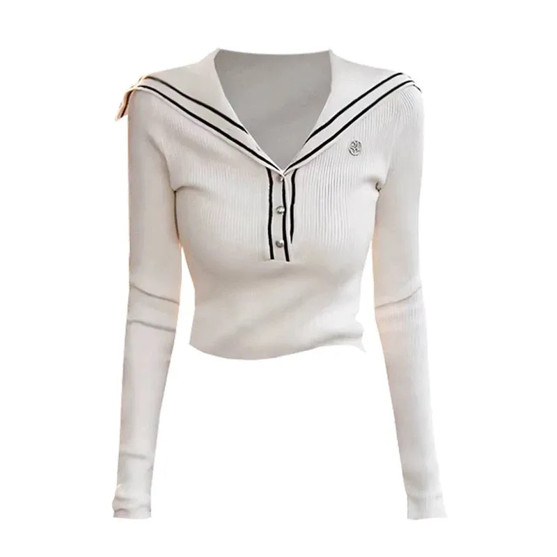 YOYO CLUBB college style navy collar sweater for women 2024 autumn large size French slimming long-sleeved top