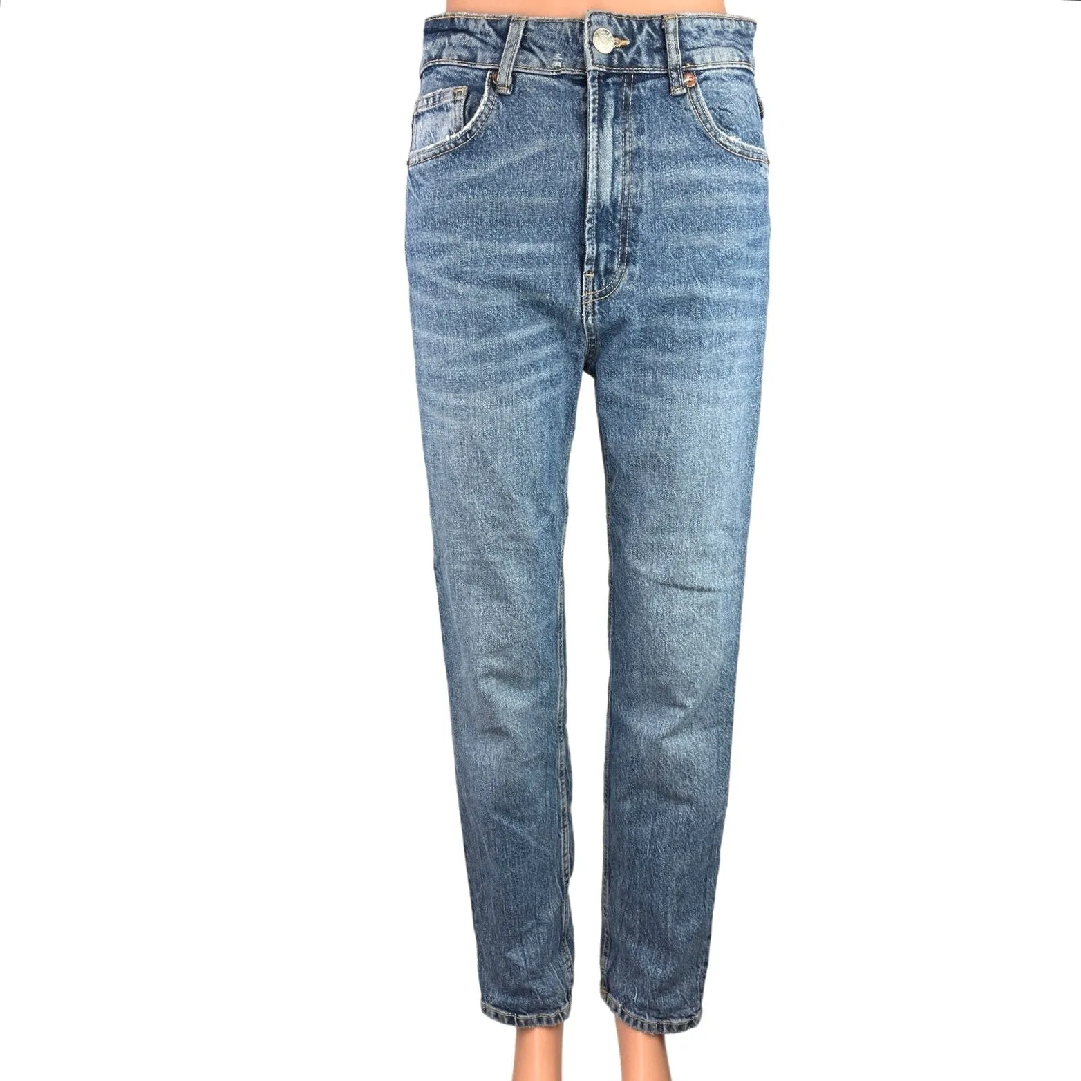 Zara Blue Light Wash High Rise Faded Stretch Casual Straight Denim Jeans Size 4